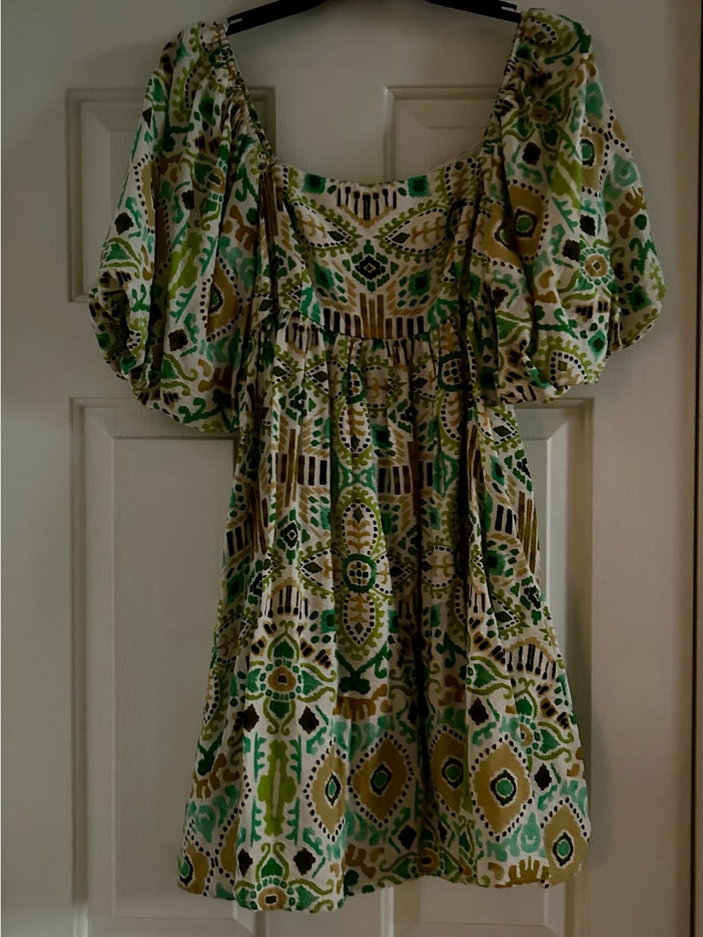 vestique Green, White and Brown Printed Peasant Dress